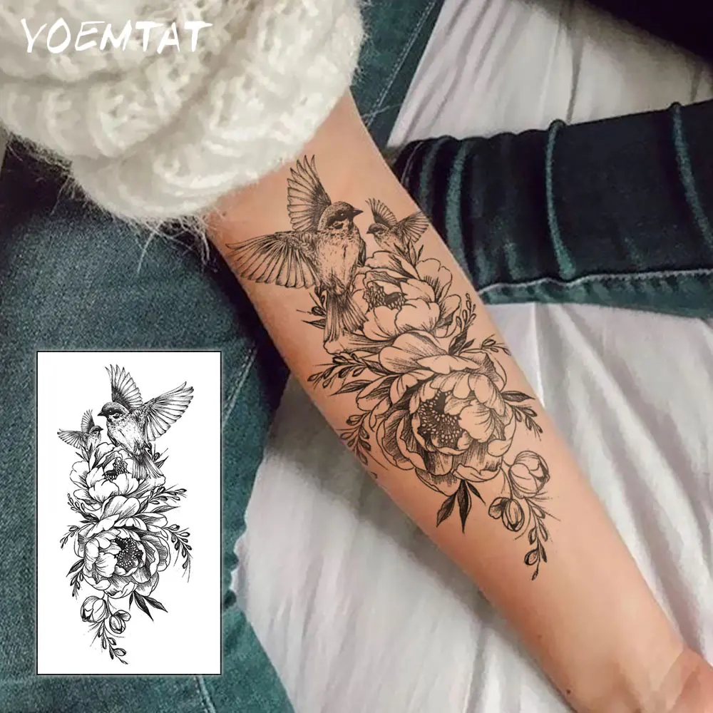 Waterproof Temporary Tattoo Sticker Magpie Peony Flower Cute Pattern Body Art Arm Fake Tattoos Sleeve Women Men Chest Waist Legs 2