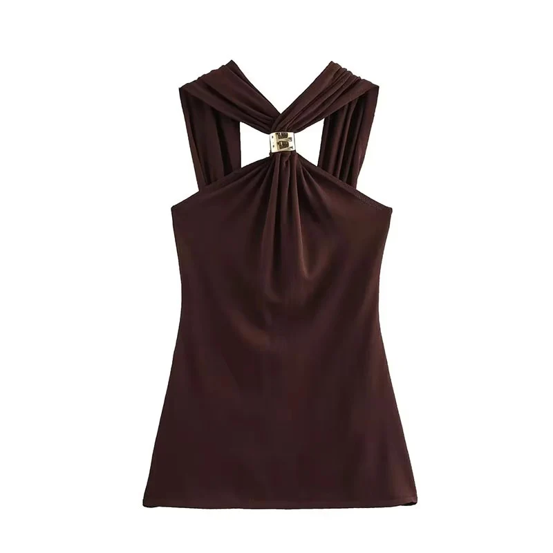 New Halter Tops Fashion Metal Decoration Crop Top Woman 2025 Sleeveless Hanging Collar Short Tops For Women Sexy Party Top