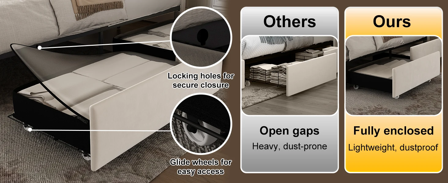 GEGOFORU Upholstered LED Bed Frame with Galaxy Projector, USB & Bluetooth, 4 Storage Drawers, No Box Spring, PU White