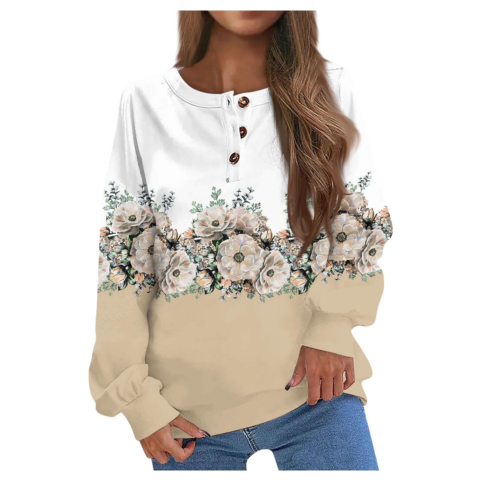 

Women'S Autumn And Winter Round Neck Gradient Print Button Design Loose Casual Long Sleeve Pullover Top Ropa De Mujer 2024