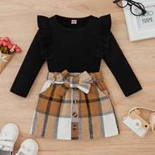 

Toddler Kids Girls 2 Pieces Outfit, Long Sleeve Knitted Ribbed Solid Color Tops + Bowknot Buttons Plaid Mini Skirt Set 9M-4T