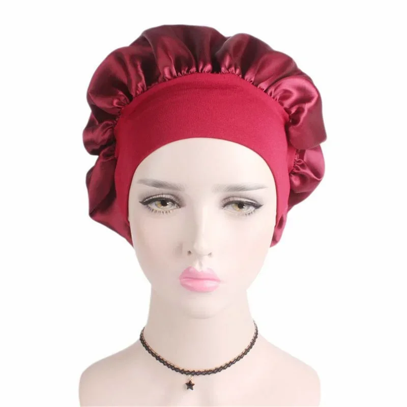New Fashion Night Sleep Cap Wide Elastic Hair Care Hat Satin Solid Head Cover Bonnet Nightcap Women Unisex Dome Shower Cap