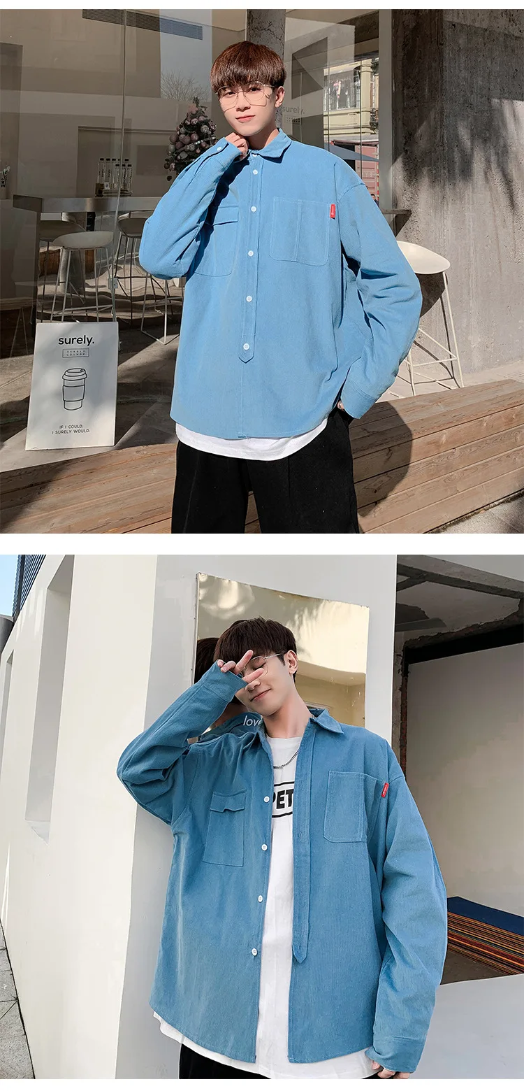 Autumn Korean version long sleeve corduroy shirt men's lapels loose men's autumn new solid color coat black short sleeve button up