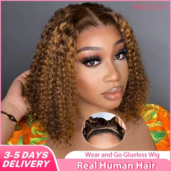 Deep Wave Honey Blonde Glueless Bob Wigs Human Hair Pre Plucked Pre Cut Highlight Wear and Go Curly Wigs Ombre HD Lace Front Wig