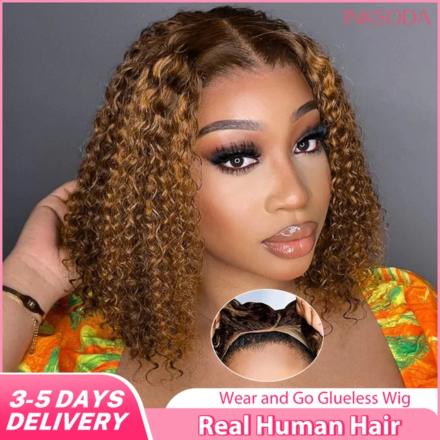Perruque Bob Lace Front Wig naturelle sans colle, cheveux humains, blond miel, pre-plucked, pré-coupé, reflets, Wear and Go, bouclés, ombré HD 1