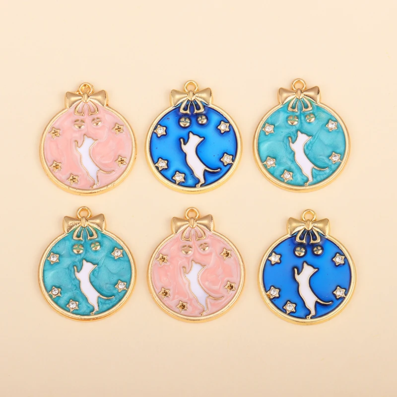 

10Pcs Crystal Cat Round Charms Enamel Alloy Pendant for Jewelry Making DIY Earring Necklace Phone Keychain Accessories Supplies