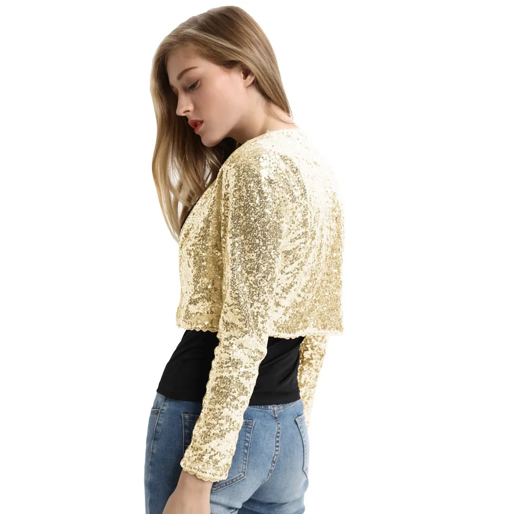 Belle Poque Women's Jacket Clothes Shining Sequined Long Sleeve Cropped Length Open Front Bolero Shrug New Spring Autumn Tops