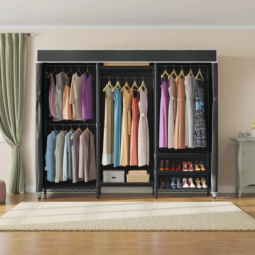 

Open Closets,Heavy Duty Covered Clothes Rack Portable Bedroom Armoires Rack, Black Metal Clothing Rack with Black Cover