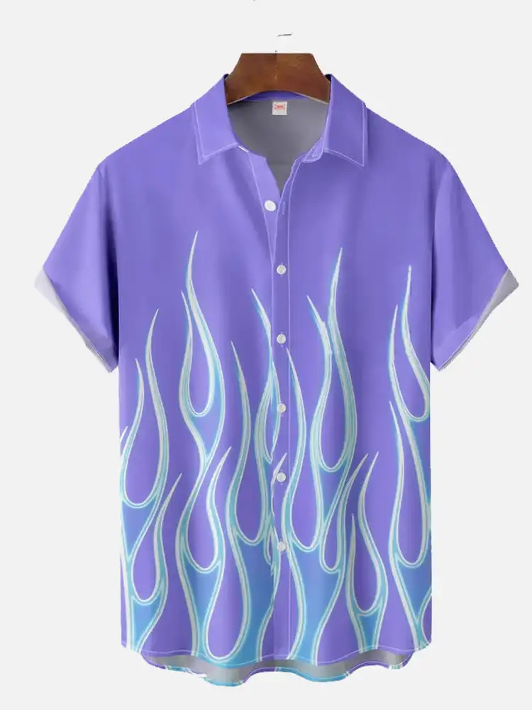 Men's 3D flame printed Hawaiian Casual Short Sleeved Shirt Summer Button Up
