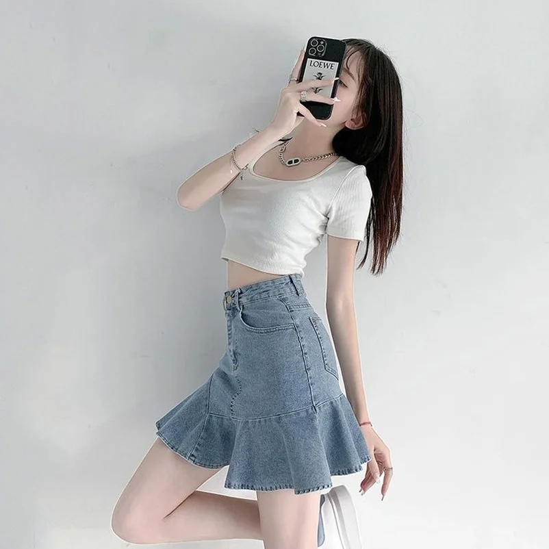 

Y2k High Waist Denim Pleated Mini Skirts Women Summer New Fashion Korean Ins Casual Flared Female High Waist A-Line Mokijins