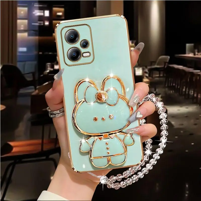 Diamond Strap Mirror Rabbit Phone Holder Case with Stand Cover