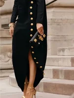 Lemongor Urban Female Autumn Shawl Collar Evening Maxi Dresses 2025 New Fashion Buttoned Split-Side Long Sleeves Office Dress - Image 3