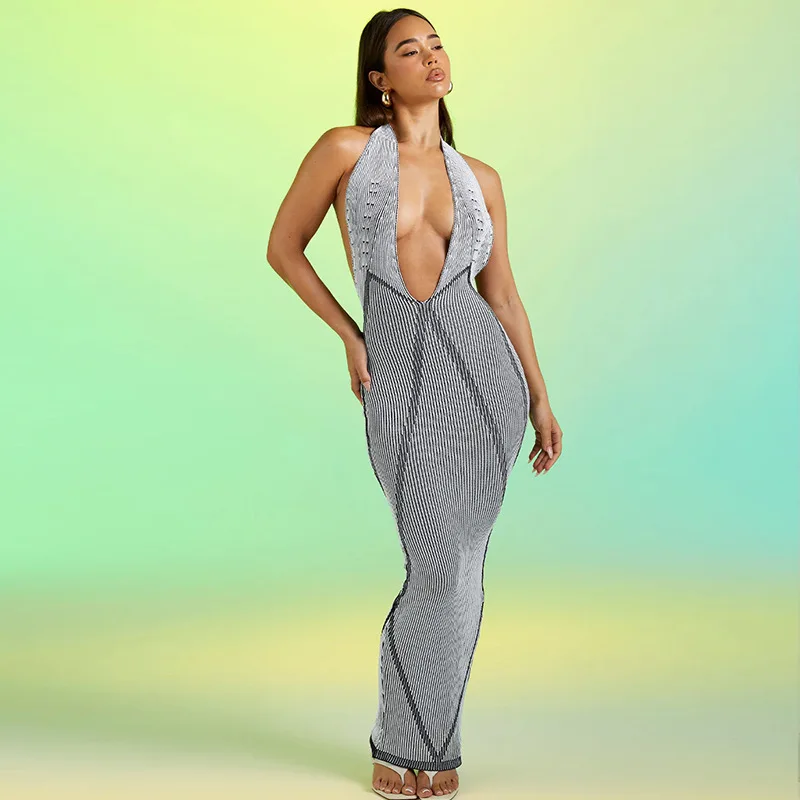 

Striped Print Halter Backless Bandage Sexy Slim Maxi Dress Summer Women Elegant Fashion Vacation Rave Party Outfit Vestidos