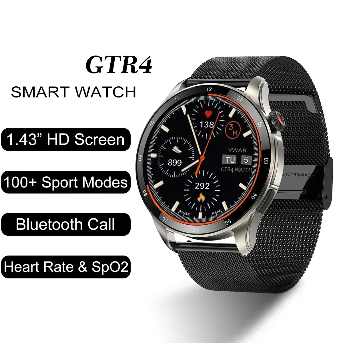 

2023 New GTR4 Smart Watch Men Heart Rate Blood Pressure Smartwatch 100+ Sports Modes Watch For Android IOS Bluetooth Call Watch