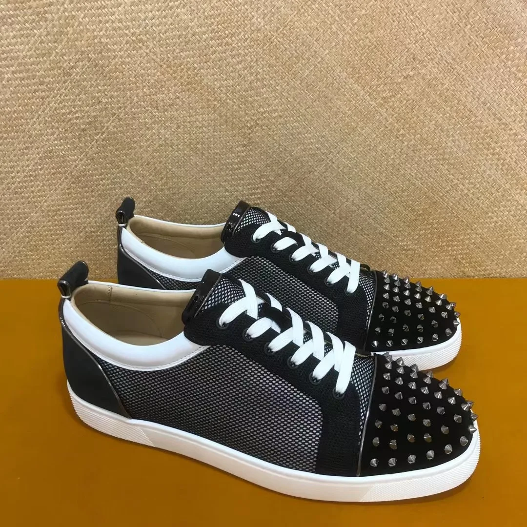 

Luxury Low Top Red Bottom Shoes For Men Black Mesh Leather Toe Studs Women Casual Shoe Flats Loafers Sneaker Spikes Nice Packing