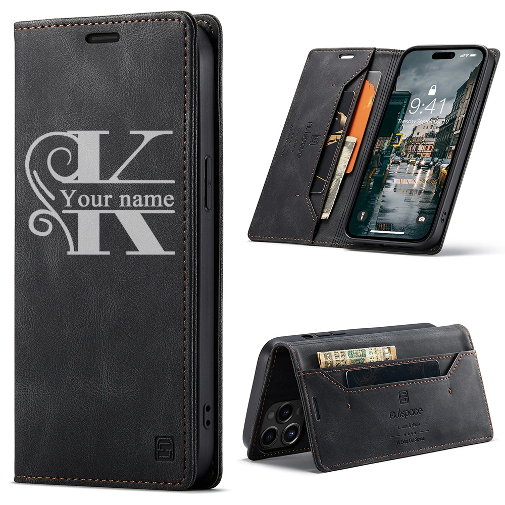 

Engrave Phone Case for iPhone, Custom Name Leather Wallet Cover for iPhone 11, 13, 12 Pro Max, XR, XS Max, 6, 7, 8 Plus, Fundas