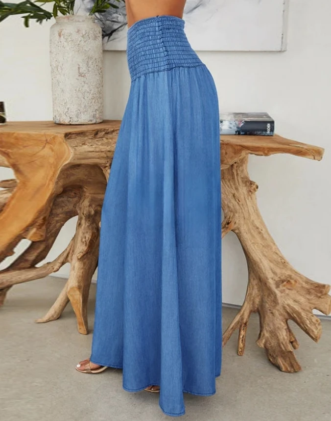 Women's Fashion Pants 2024 Spring Summer Latest Casual Solid High Waist Shirred Wide Leg Jeans Denim Daily Versatile Trousers