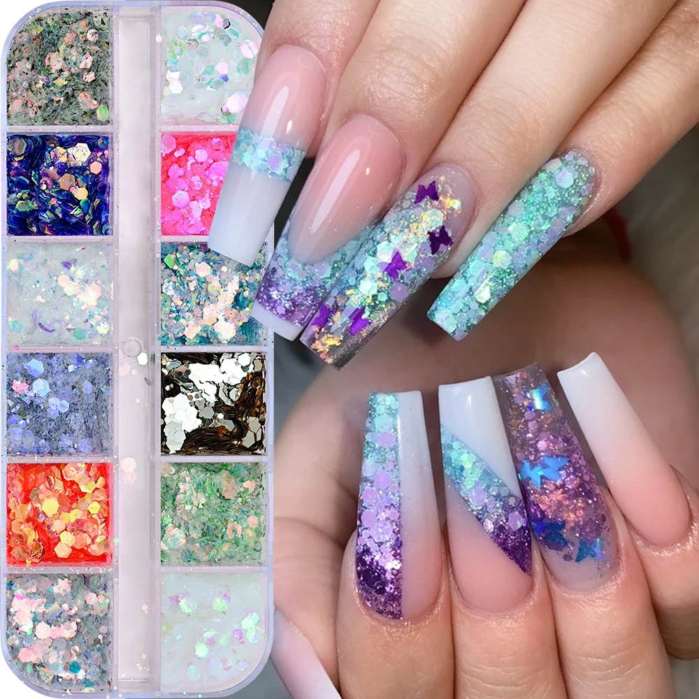 12Grids/Box Gradient Mermaid Glitter Flakes for Nails Hexagon Sequins Mix Powder 3D Manicure Nail Art Paillettes Decoration Tips