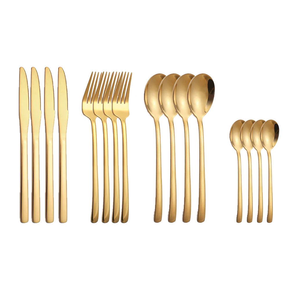 

16Pcs Gold Dinnerware Set Stainless Steel Cutlery Dinner Knife Fork Spoon Kitchen Silverware Tableware Party Wedding Supply Gift