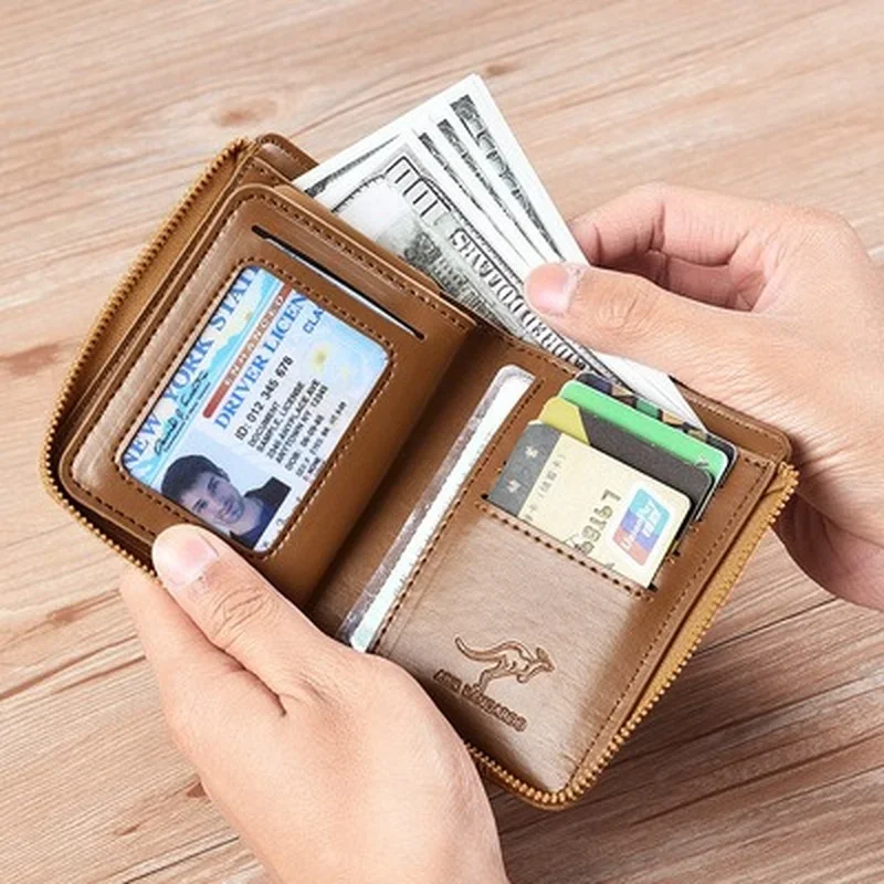 Kangaroo Credit Card Holder Case RFID Blocking Vintage Business Anti-Theft Clutch Short  Men's Leather Wallet Large Capacity