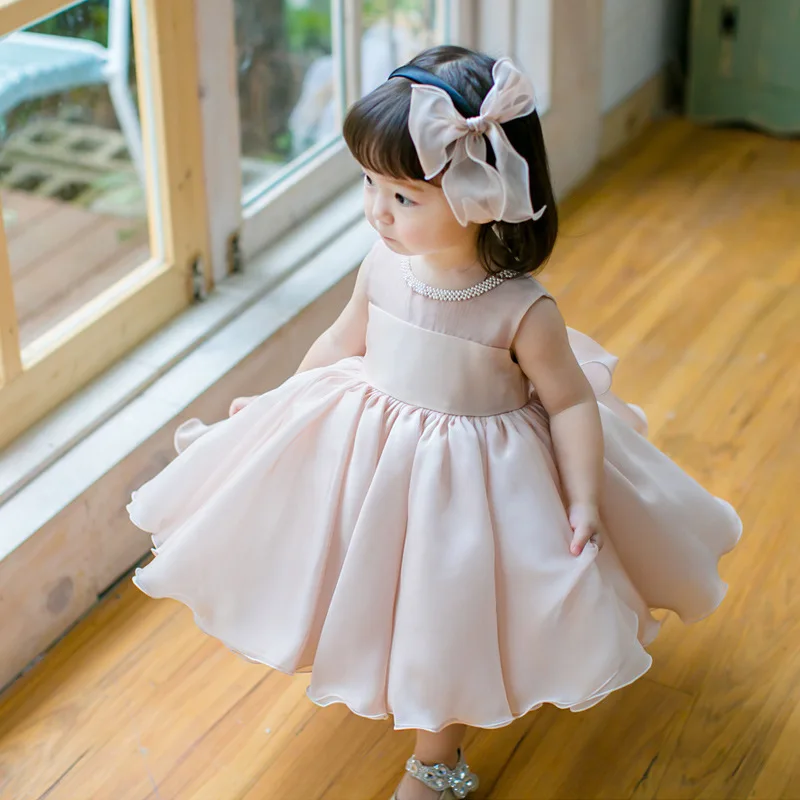 

2023 Elegant Party Dress for Infant Girls Children Sleeveless Beading Ruched Ball Gowns Kids Plain Boutique Baptism Eid Dresses