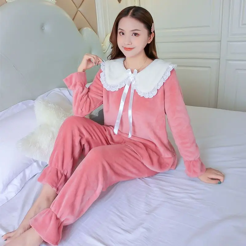 Coral velvet pajamas female autumn and winter doll collar small princess wind lovely solid color can wear home clothes sleepwear