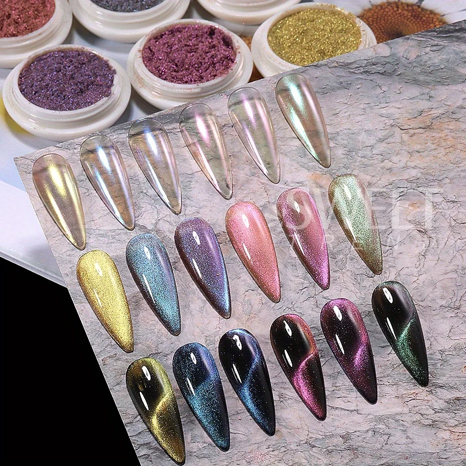 6pcs Cat Eye Magnetic Powder Nail Glitter Aurora Effect Shinning Crystal Chrome Pigment Purple Green Gel Polish Manicure Flash
