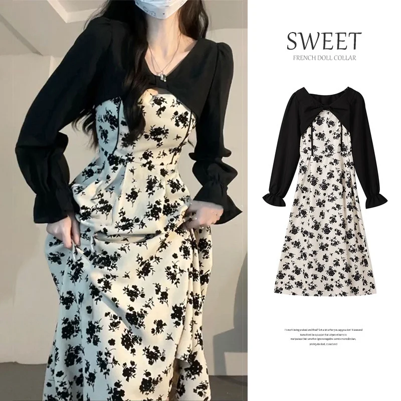 Spring Summer Vintage Floral Printed Long Dresses Women Two Pieces Set Dress French Style High Waist Slim A Line Dresses 1