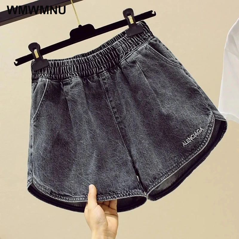 Letter Embroidery Loose Oversized 4XL Elastic Waist Wide Leg Shorts Women's Streetwear Casual Wash Solid Straight Short Pants workout clothes for women