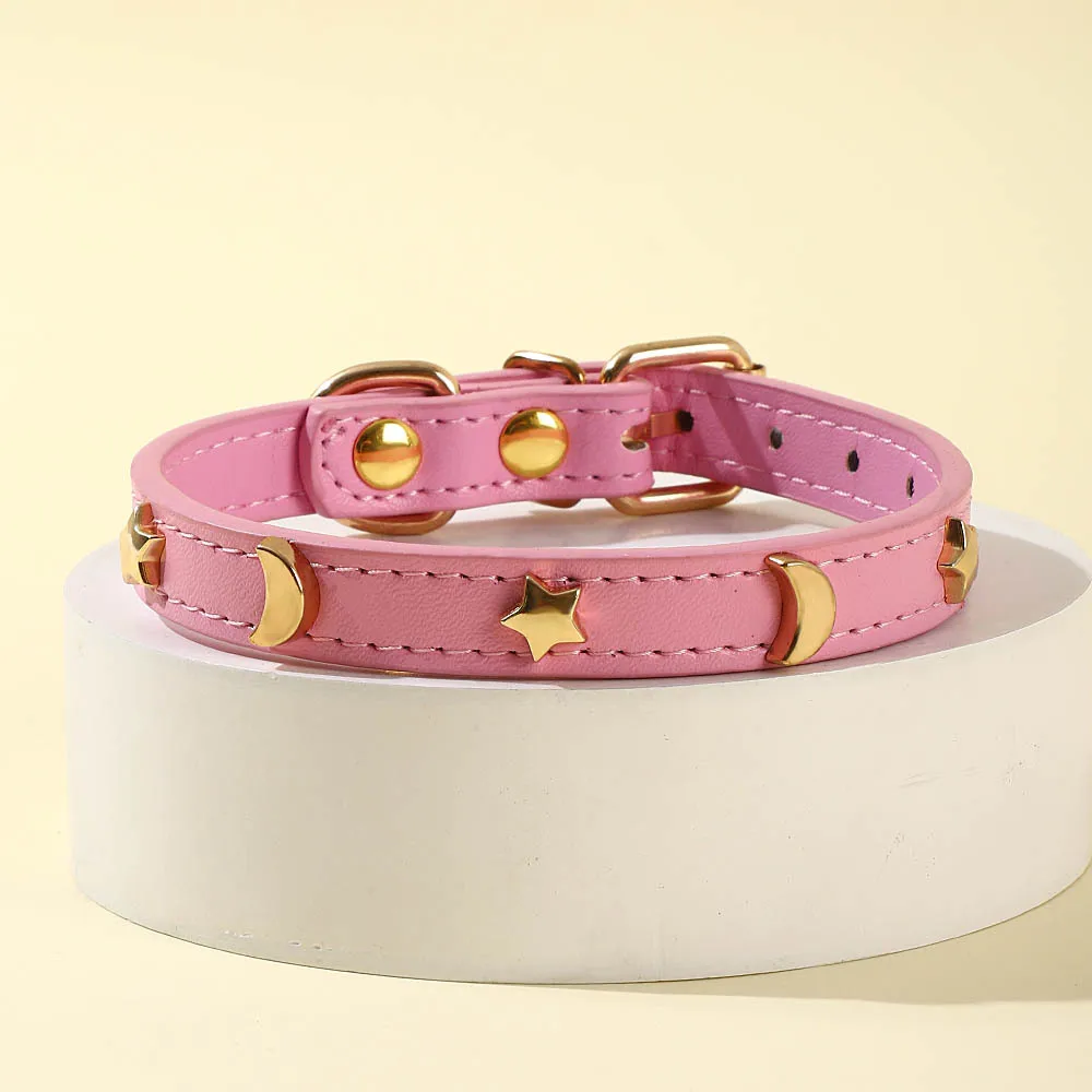 

Cute Cat Collar Soft Leather Pet Collars For Small Dog Kitten Puppy Necklace Cat Accessories Star Moon Rivets Decoration XS-M