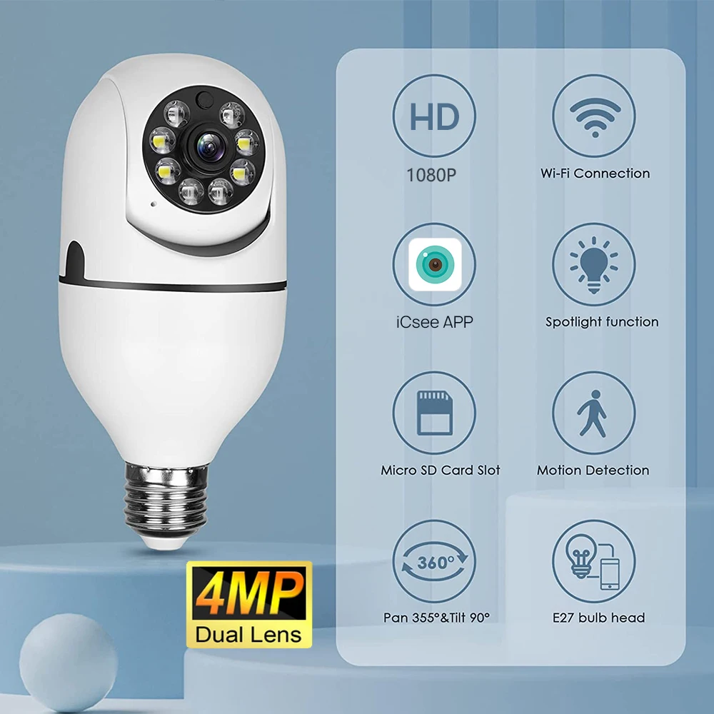4MP E27 Bulb Camera WiFi Indoor Video Surveillance Home Security Full Color Night Vision AI Auto Human Tracking ICSEE APP 1080P 2