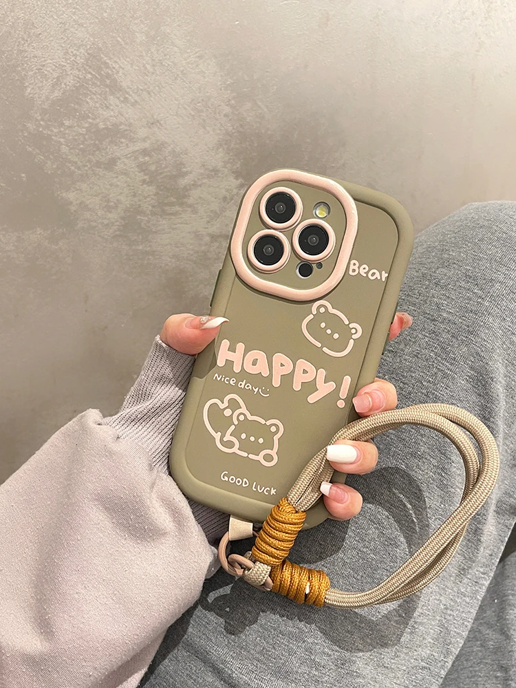 Good Luck Bear With Hand Strap Rope Phone Case For iPhone 11 12 13 14 15 Pro Max Skin Liquid Silicone Cover