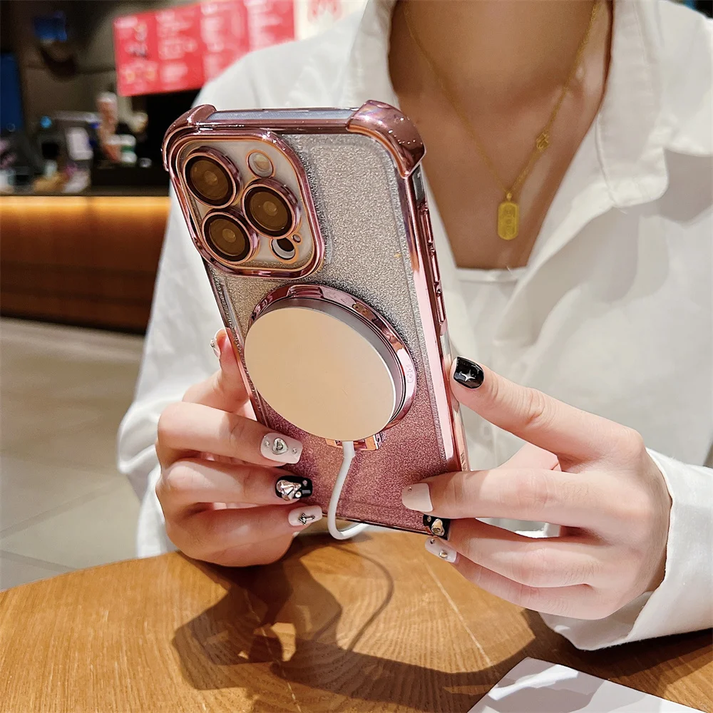 Farbverlauf Glitzer Magnetständer Klare Handyhülle für iPhone 15 14 Plus 13 12 11 Pro Max Bumper Objektivschutz Hard Cover_voghion.com