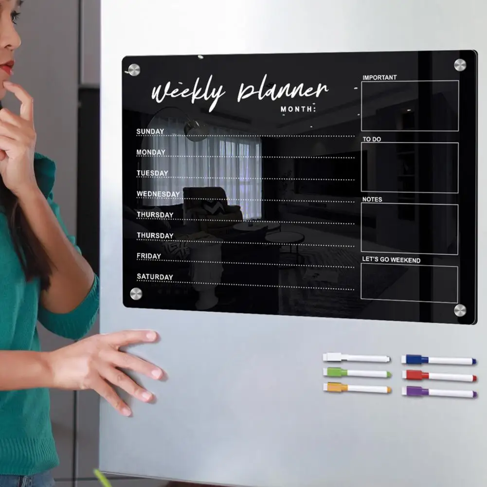 Organizing Plans Black Magnetic Whiteboard Weekly Planner Whiteboard with Magnetic Fridge Acrylic Board Black Text 6 Markers