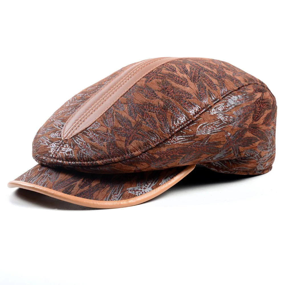 

Leather Forward Caps For Men Male Duck Tongue Stripe Plaid Casual Boina Short Brim Beret Hat Outdoor Printed Bone Masculino