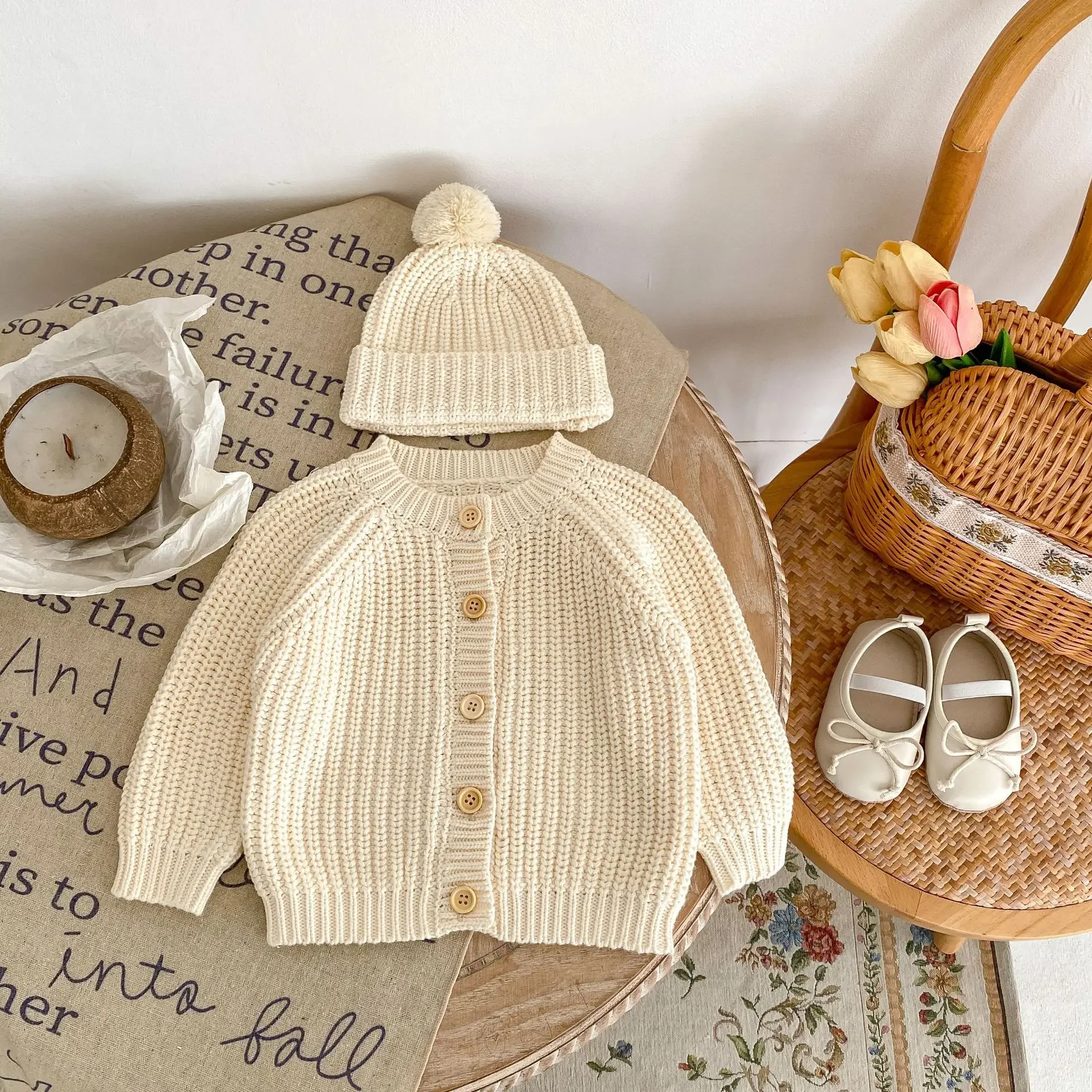 Baby Sweater Coat Autumn Solid Color Beige Knitted Girl's Sweater Long-sleeved Coat 0-3Year Kid's Cardigan
