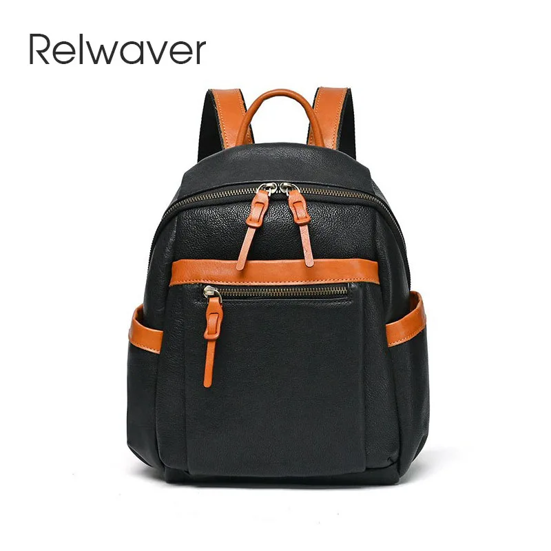 

Relwaver contrast color backpack genuine leather women bag 2023 autumn winter cow leather backpack chic daily fashion backpack