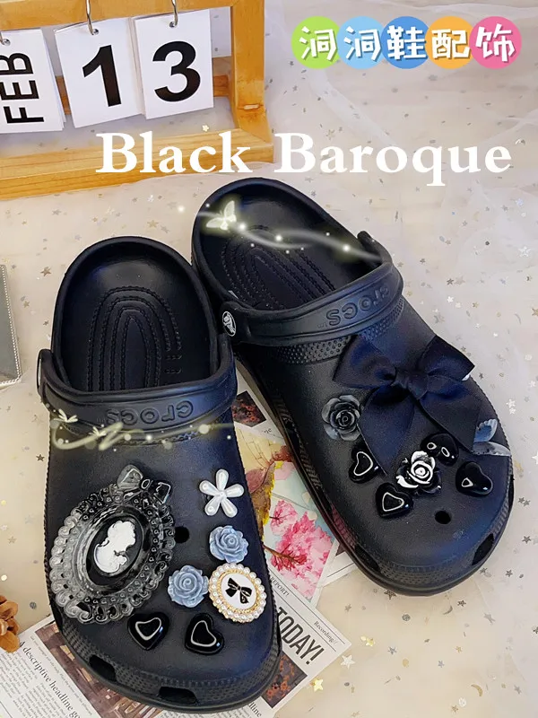 

Black Baroque Style Set Croc Charms Pack Luxury Decoration Vintage Accessories Beautiful Adornment for Clogs Sandals Trendy Gift