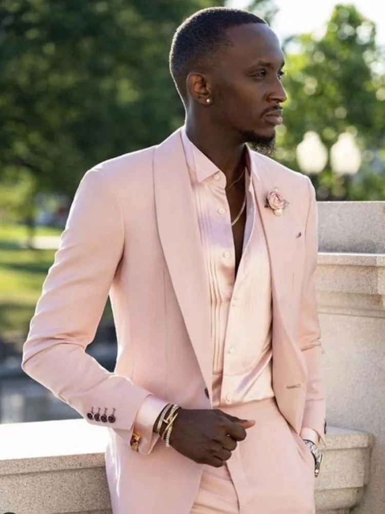 

Men Suit Pink 2 Pieces Solid Slim Formal Business Casual Daily For Wedding Groom Party Banquet Gown Set Jacket With Pants
