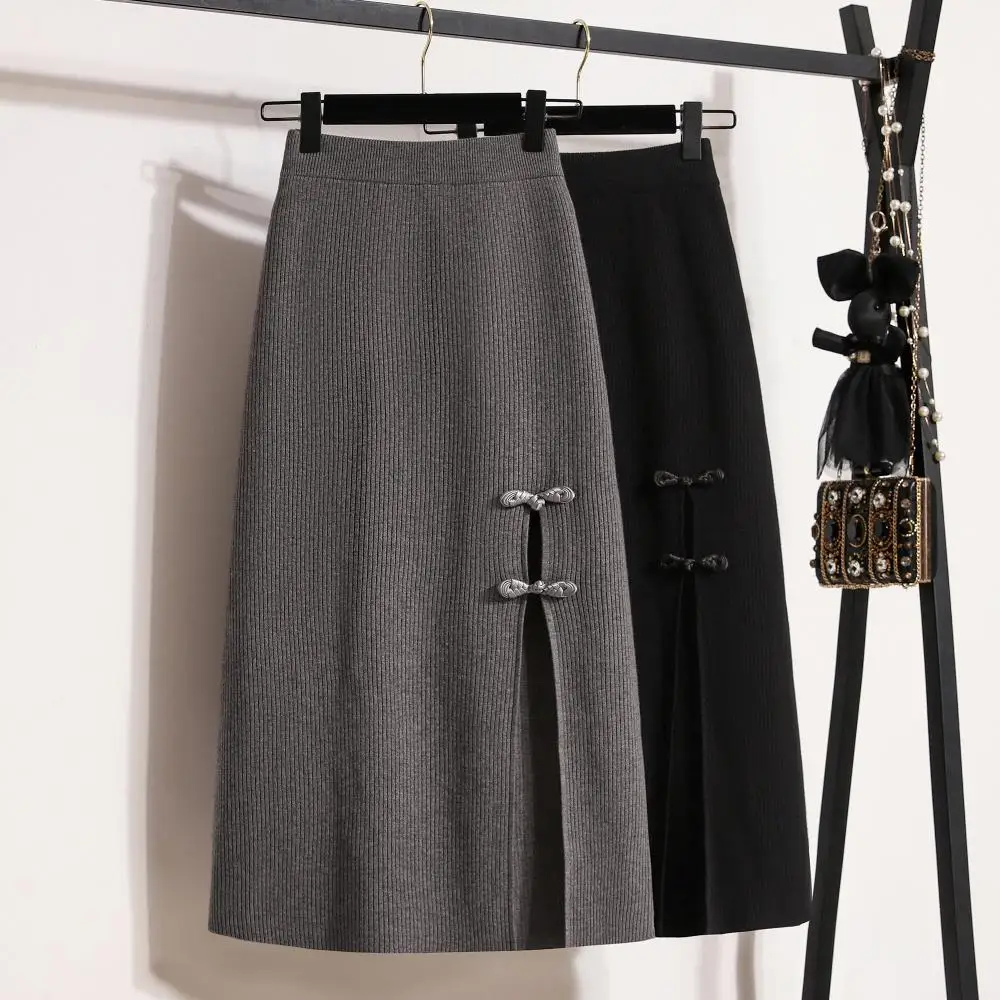 

Black Grey Knitted Split Long Elegant High-Waisted Women'S Spring Autumn Winter Skirts Korean Style Fashion 2022 Harajuku
