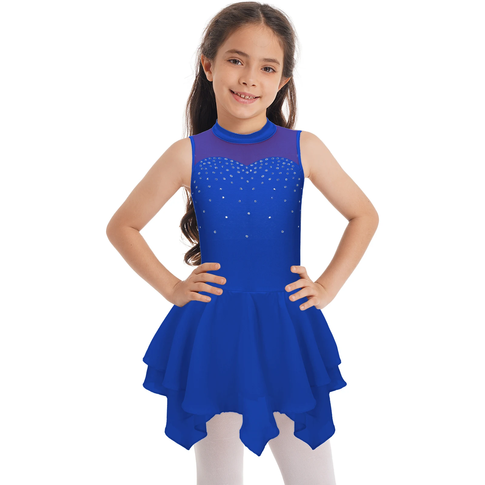 Kids Girls Shiny Rhinestone Figure Skating Dress Dancewear Sleeveless Hollow Back Mesh Patchwork Ballet Leotards Dance Costumes