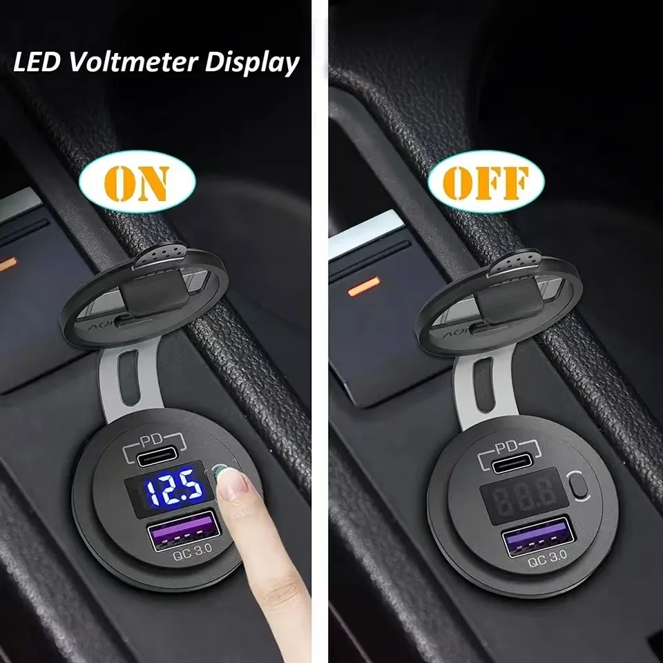USB C 차량용 충전기 소켓 12V/24V 듀얼 USB 소켓 PD3.0 및 QC3.0 차량용 USB 포트 LED 전압계 및 온/오프 스위치 포함