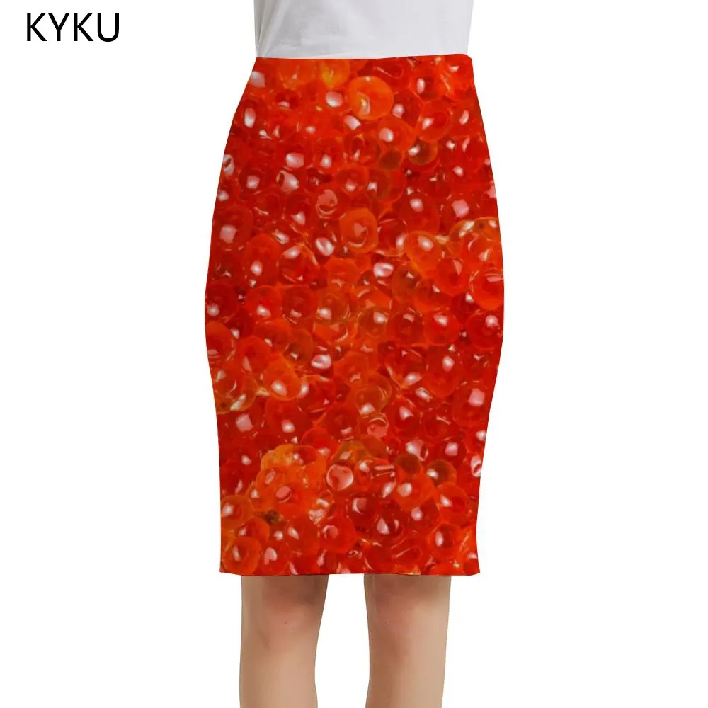 

KYKU Brand Food Skirts Women Abstract Sundresses Psychedelic 3d Skirt Red Print Skirt Ladies Skirts Womens Vintage Casual Korean