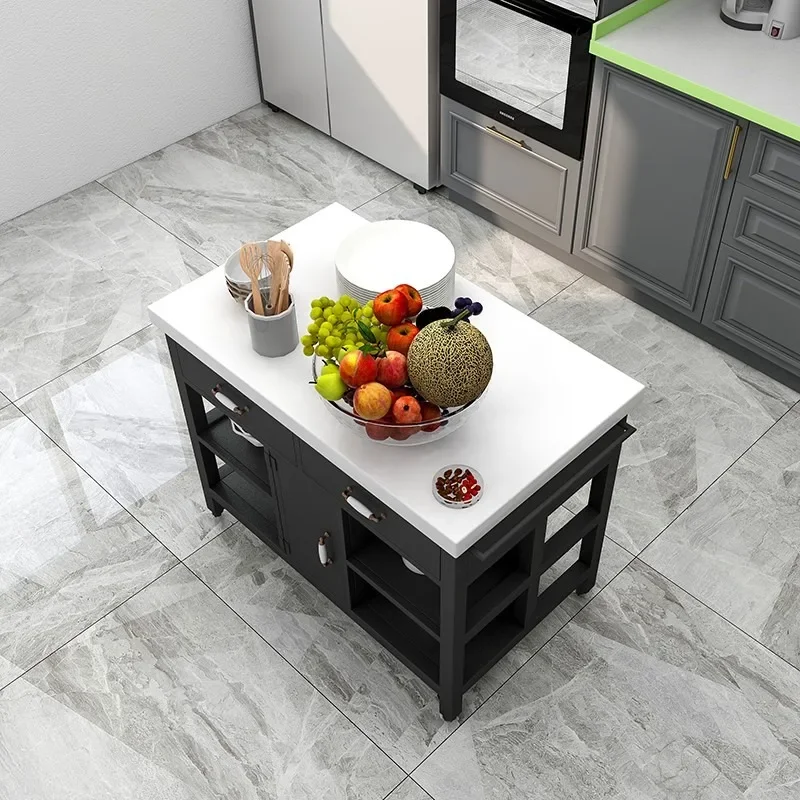 Open marble kitchen island table material table removable side cabinet wrought iron light luxury dining storage tabl