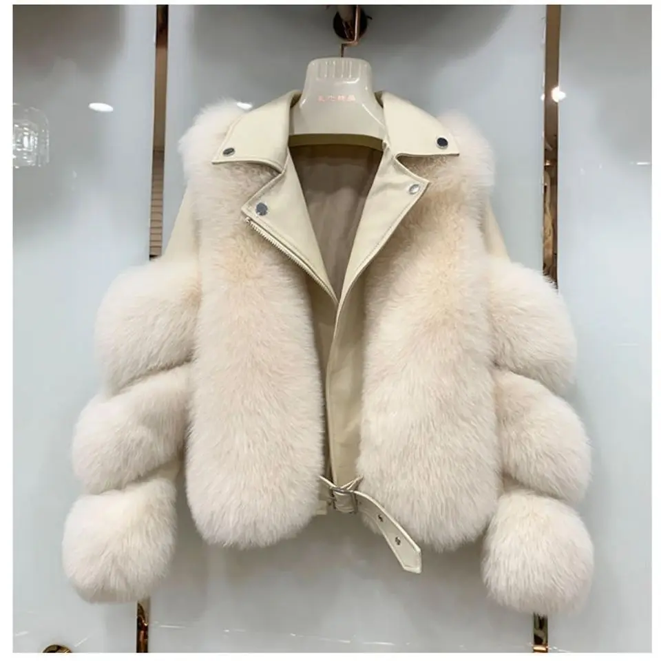 Imitation Winter New Faux Fur Women's Motorcycle Wear Short And Cotton Coat With Leather Fur Splice For Slim Stylish And Warm