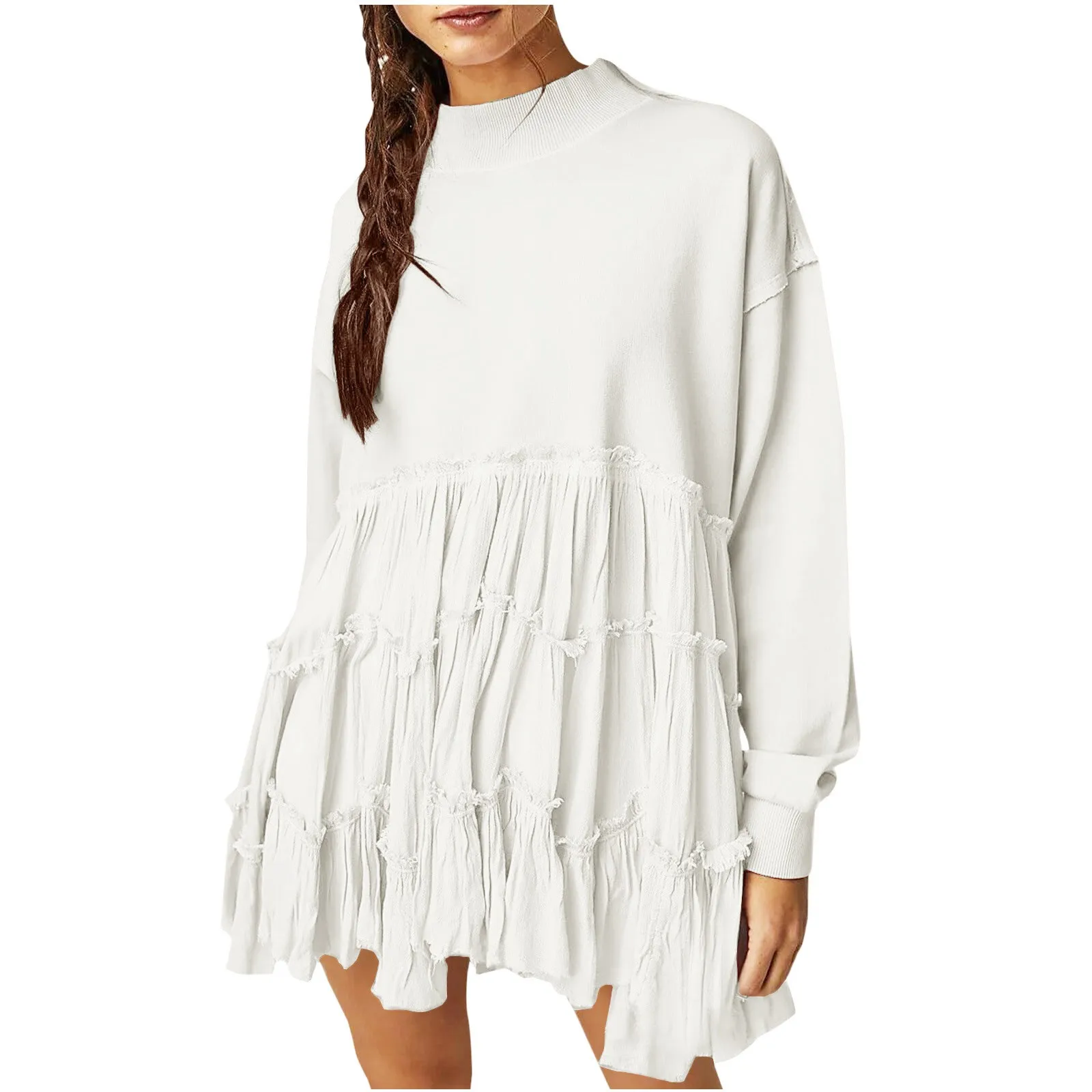 

Women Oversized Pullover Sweatshirt Dress Long Sleeve Mock Neck Patchwork Ruffle Loose casual vintage Kawaii
