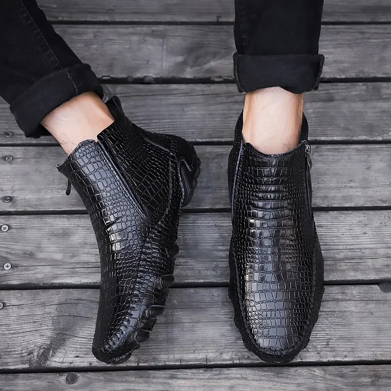 Classic Genuine Leather Spring Men's Boots Plush Warm Platform Men's Snow Boots Punk Outdoor Motorcycle Boots New Man Work Shoes