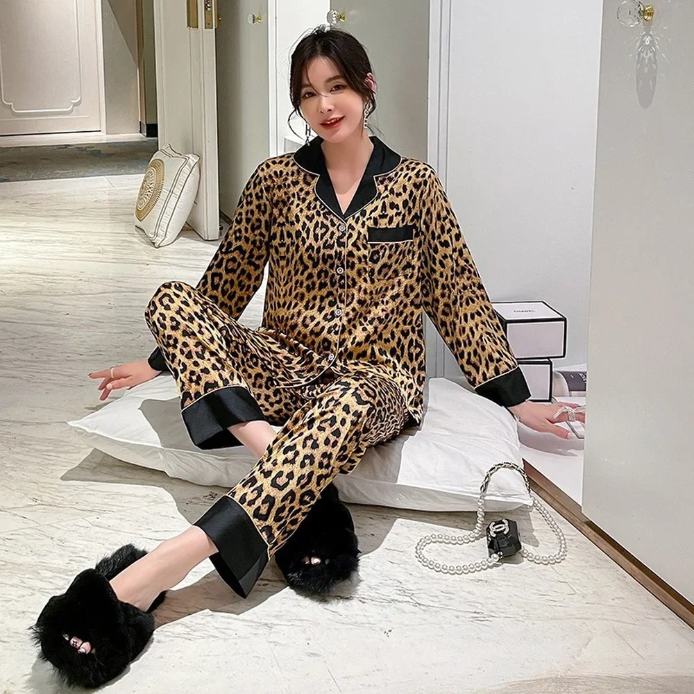 Leopard Print Women's Pajama Satin Chiffon Long-sleeved Cardigan Suit Sexy Home Service New Pajamas Set for Women pijama mujer