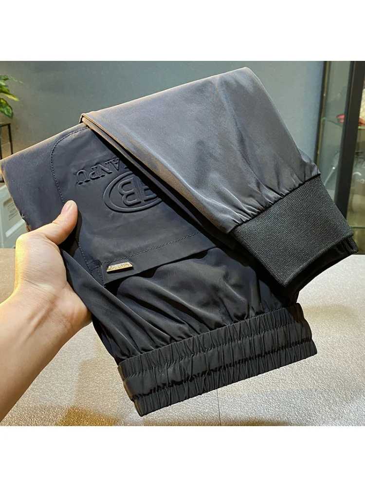 2024 Summer New Thin Ice Silk Quick-Drying Pants Men's Light Luxury Ankle Banded Slacks Slim-Fitting Long Pants