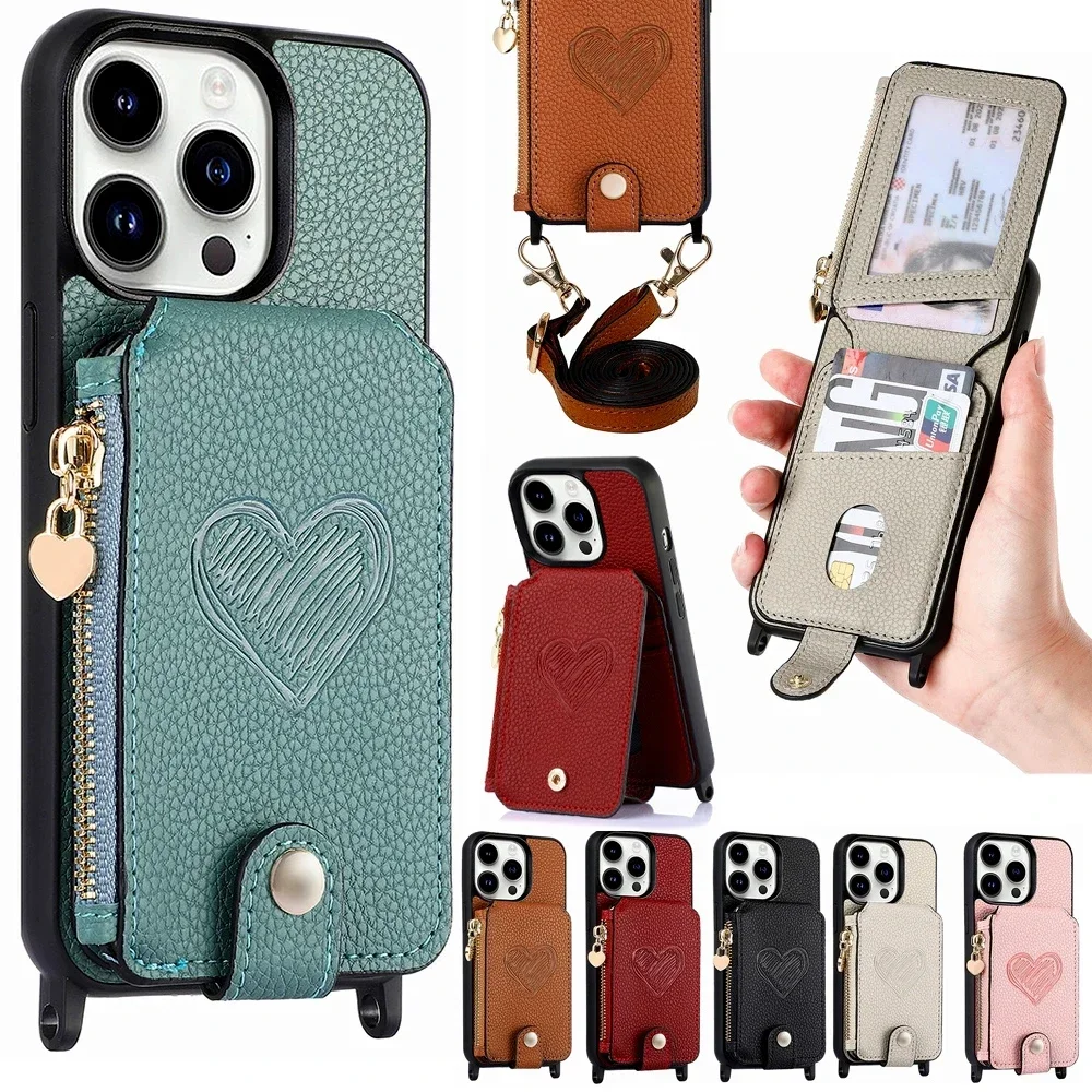 Crossbody Leather Wallet Phone Case with Magnetic Card Holder and Zipper